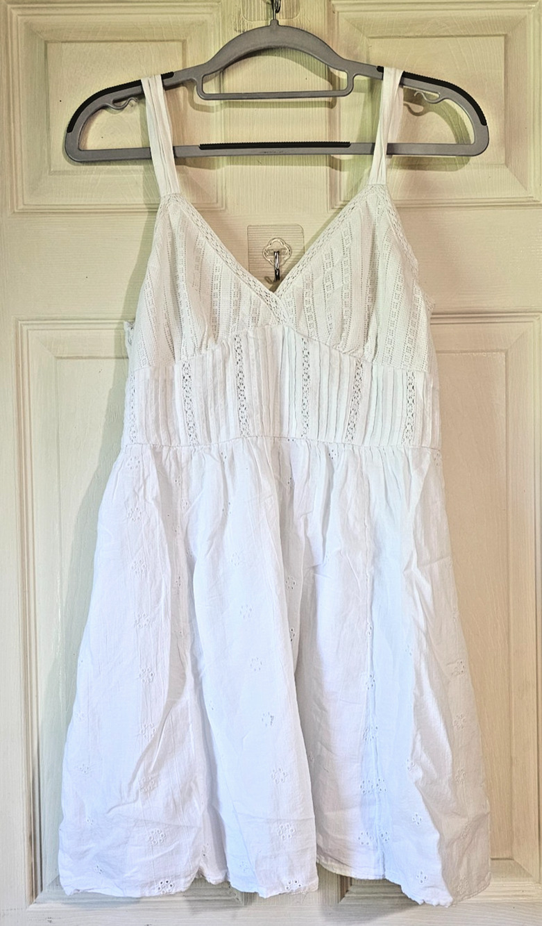 American Eagle Womens S White Eyelet Lace Mini Dress Smocked Boho Sundress